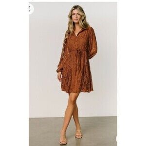 Baltic Born Womens Stefan Lace Short Shirt Dress Large Cinnamon Long Sleeve